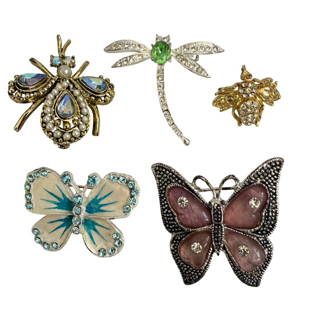 BUGS! Lot (5) Vintage Insect Brooches Butterfly Bee Dragonfly Pin Crystal Enamel